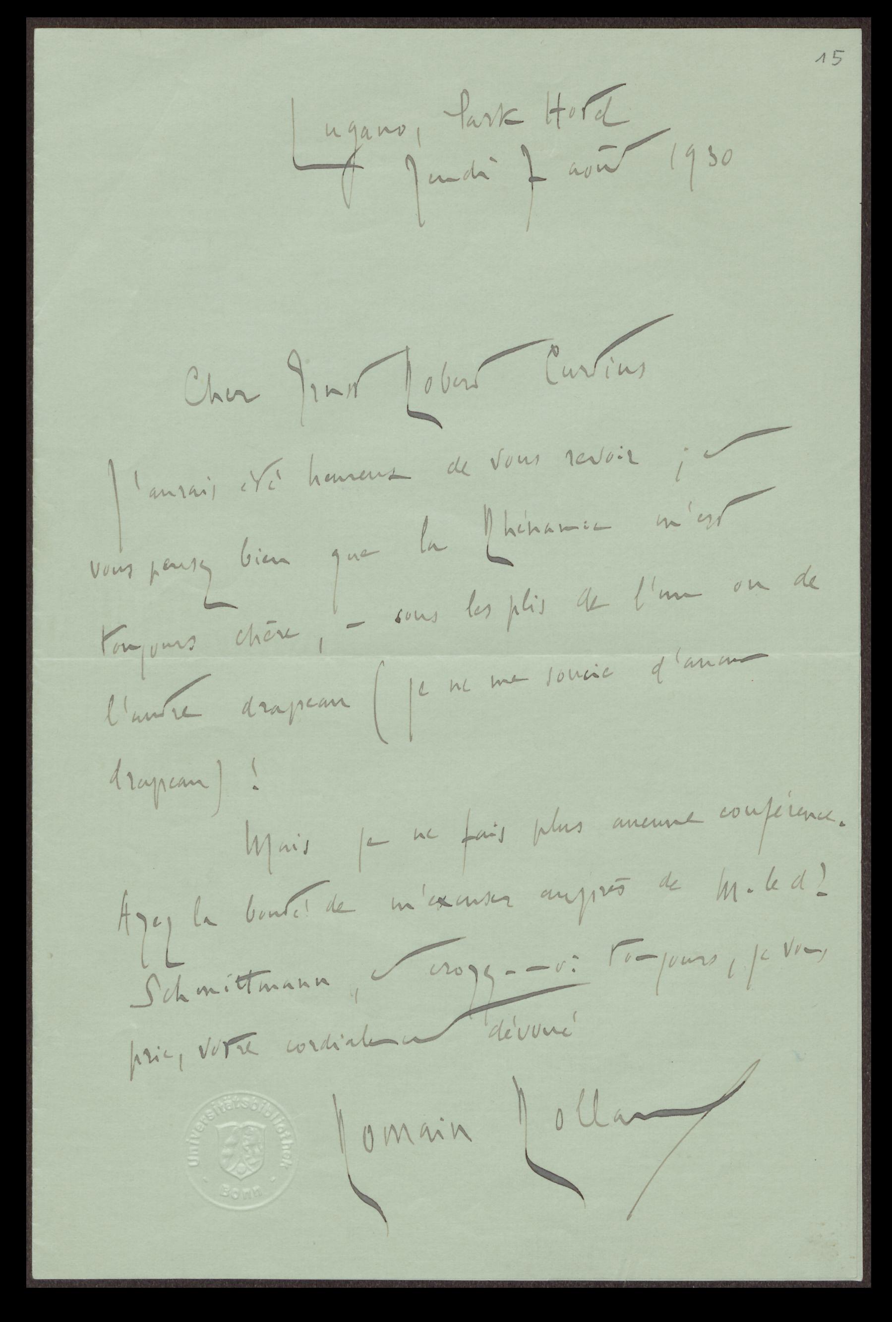 Brief von Romain Rolland an Ernst Robert Curtius (7.8.1930)